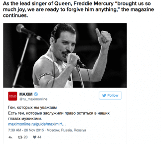 Russian Maxim graciously adds Freddie Mercury to it's 'okay to be gay' list. (Photo: Buzzfeed.com) styles medium public images blog posts Adam Dupuis 2015 11 29 Screen Shot 2015 11 29 at 12.36.21 PM