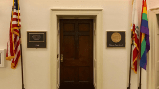California Rep. Susan Davis posted a photo of the gay pride flag hanging outside her office alongside U.S. and California flags. (Courtesy Davis’ office) styles medium public images blog posts Adam Dupuis 2017 07 21 Pride Flag Outside Rep Davis Office