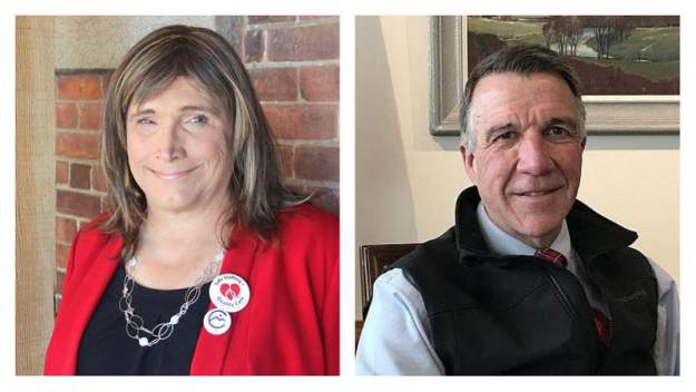 Scott (R) and challenger Hallquist (L) (Photo from Vermont Public Radio) styles large public images blog posts Adam Dupuis 2018 10 26 Hallquist Scott collage vpr 20181024