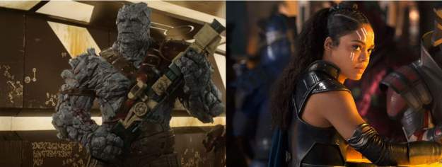 Korg (left) and Valkryie are the only two confirmed LGBTQ characters in the MCU. Both appear in Thor: Ragnorak, and both never mention their sexual orientations on screen. / Images via Marvel Studios