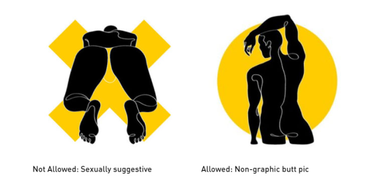 Sexually suggestive butt pics aren't allowed in Grindr profile but 'non-graphic' butt pics are allowed