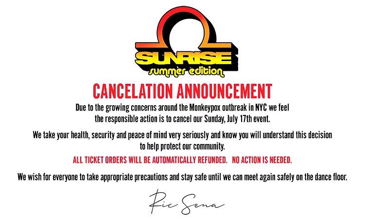 NYC &#8220;Sunrise&#8221; Party Cancelled Over Monkeypox Concerns