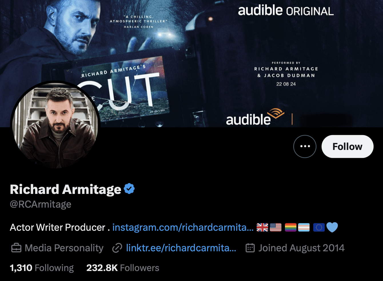 richard armitage twitter bio with pride, lgbtq, transgender pride flags