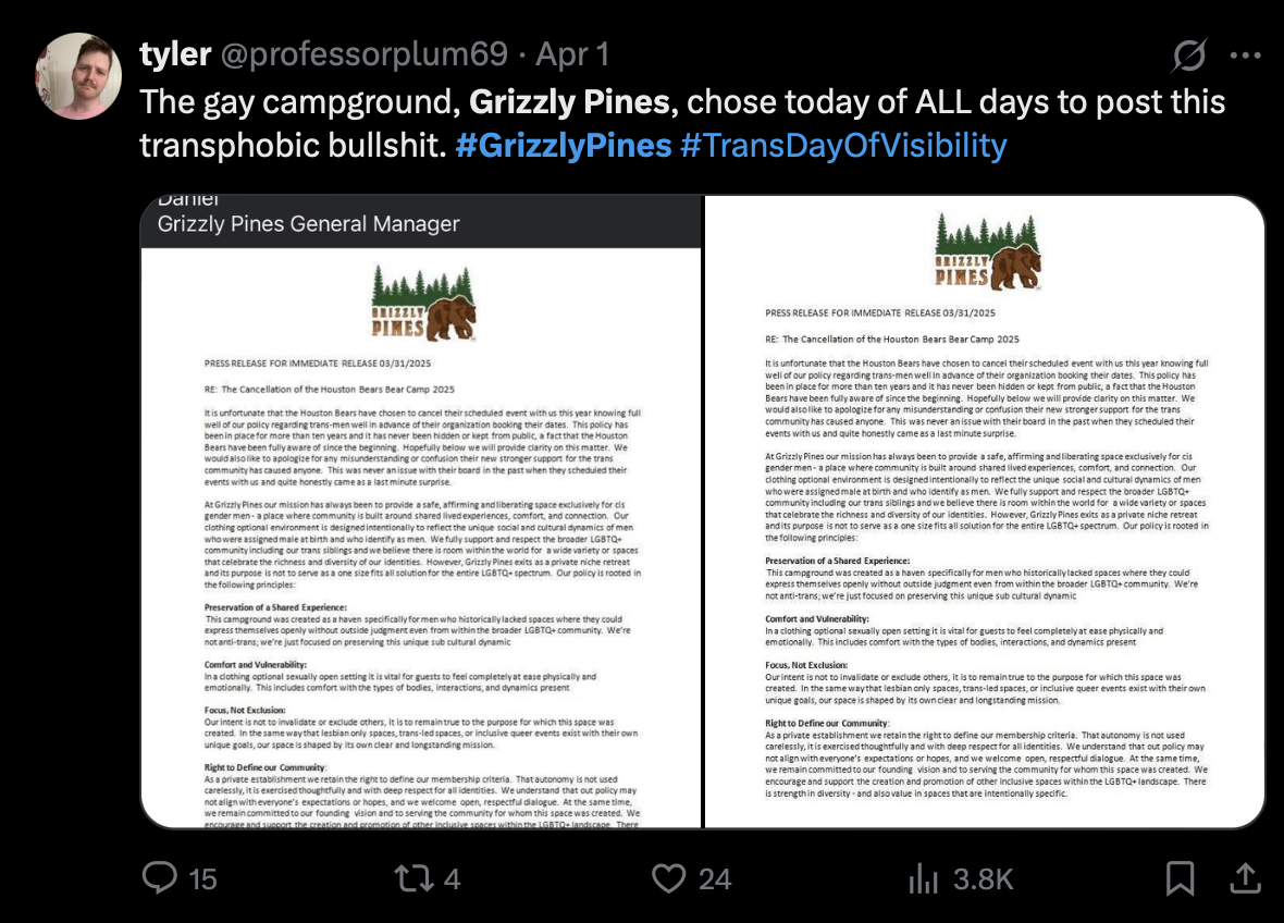 grizzly pines statement bear gay trans community