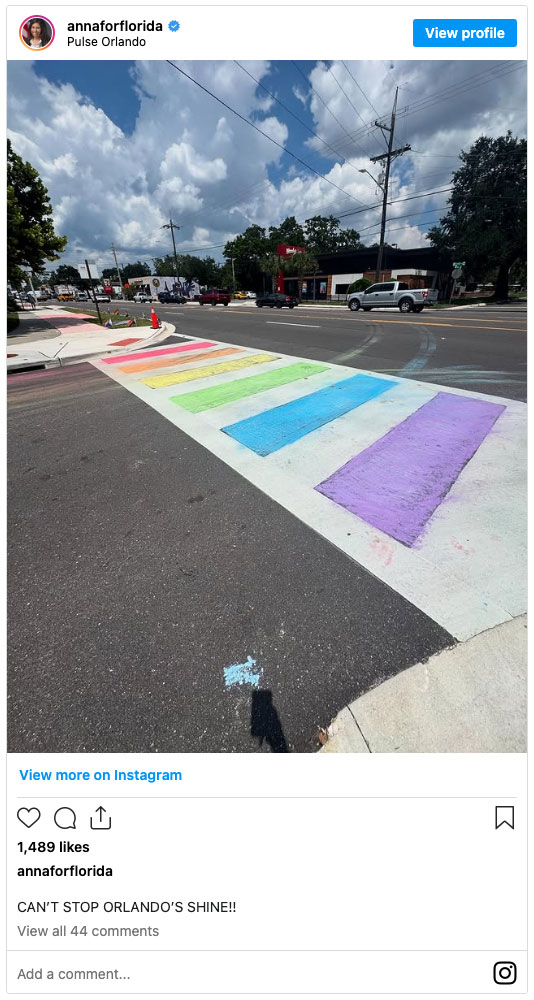 New rainbow crosswalk in front of the Pulse Nightclub memorial