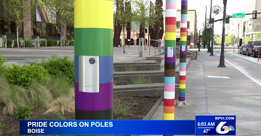 City Hall in Boise, Idaho, has installed rainbow-colored poles after a new state law banned flying Pride flags at government buildings