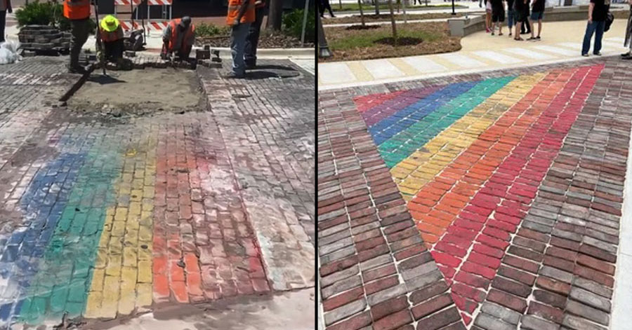The city of Gainesville repurposed rainbow bricks removed from crosswalks last year for its new City Hall Plaza renovation
