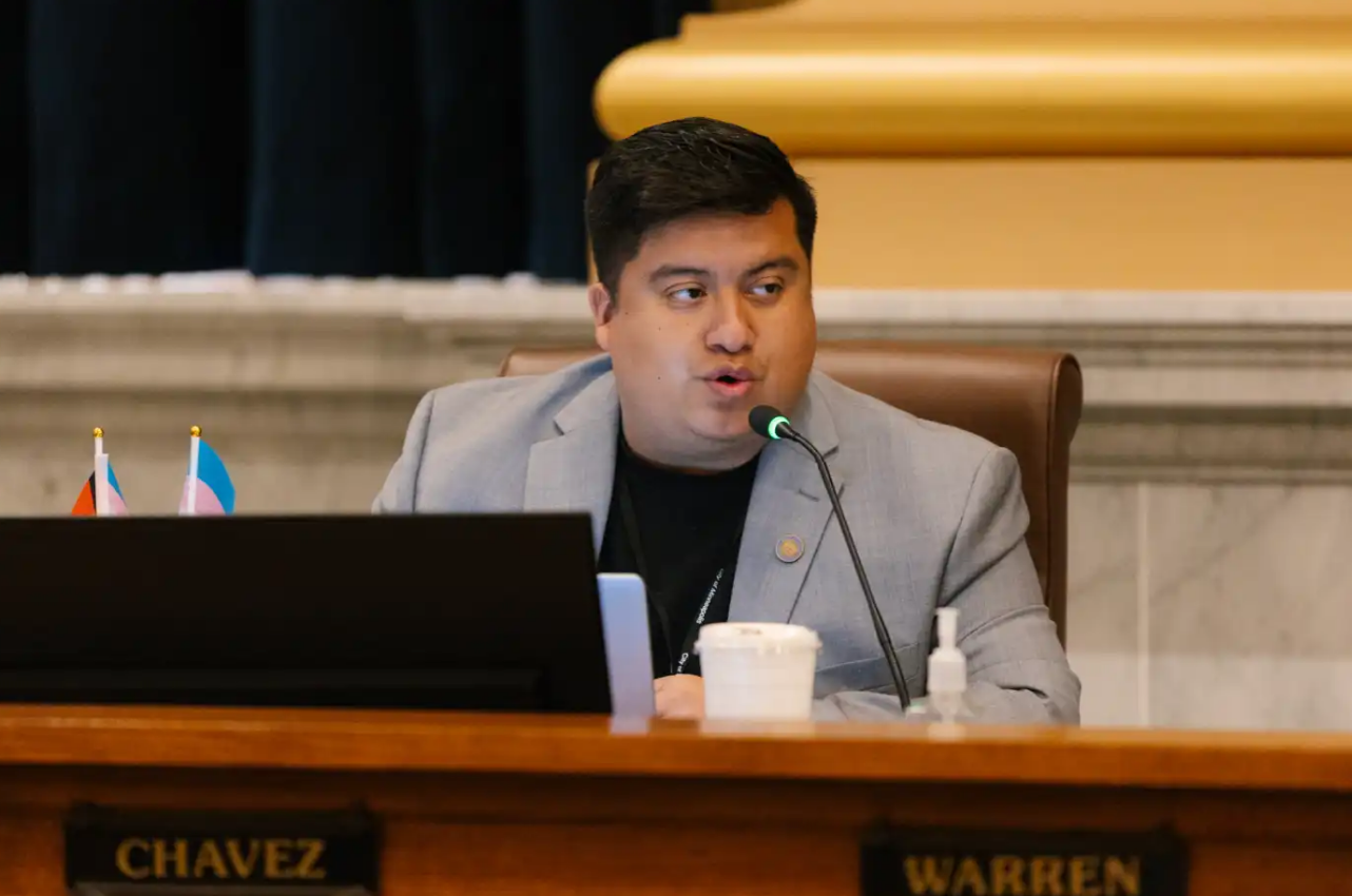 Council member Jason Chavez speaks ahead of the vote to repeal the bathhouse ban in the Minneapolis City Council chambers.Liam James Doyle for MPR News