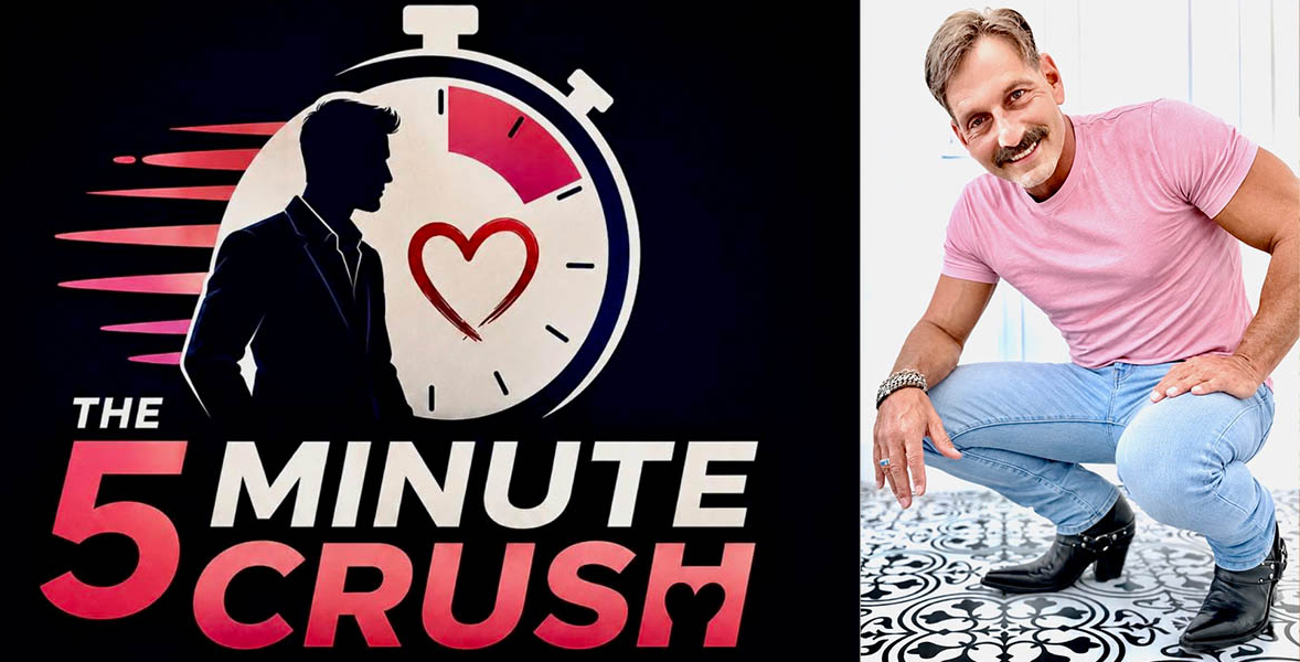 Collage featuring the 5 Minute Crush logo alongside creator Doug Hilton, founder of the online speed dating community for gay men.