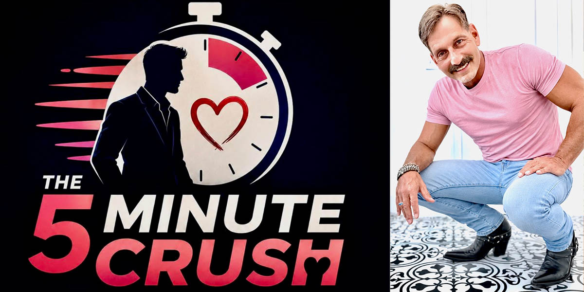 Collage featuring the 5 Minute Crush logo alongside creator Doug Hilton, founder of the online speed dating community for gay men.