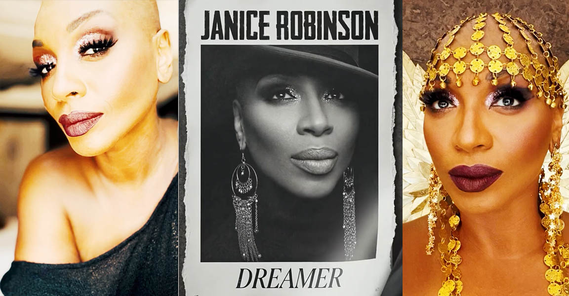 Collage of singer-songwriter Janice Robinson featuring three portraits: a close-up color photo, the black-and-white cover art for her Dreamer release, and a glamorous portrait wearing an ornate gold headpiece and matching earrings.