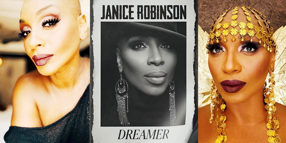 Collage of singer-songwriter Janice Robinson featuring three portraits: a close-up color photo, the black-and-white cover art for her Dreamer release, and a glamorous portrait wearing an ornate gold headpiece and matching earrings.