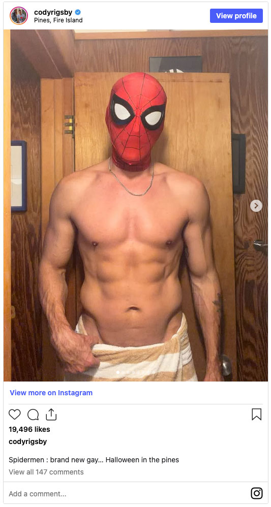 Cody Rigsby served up his hunky Halloween preview of his "Spider-Man in the Pines" costume